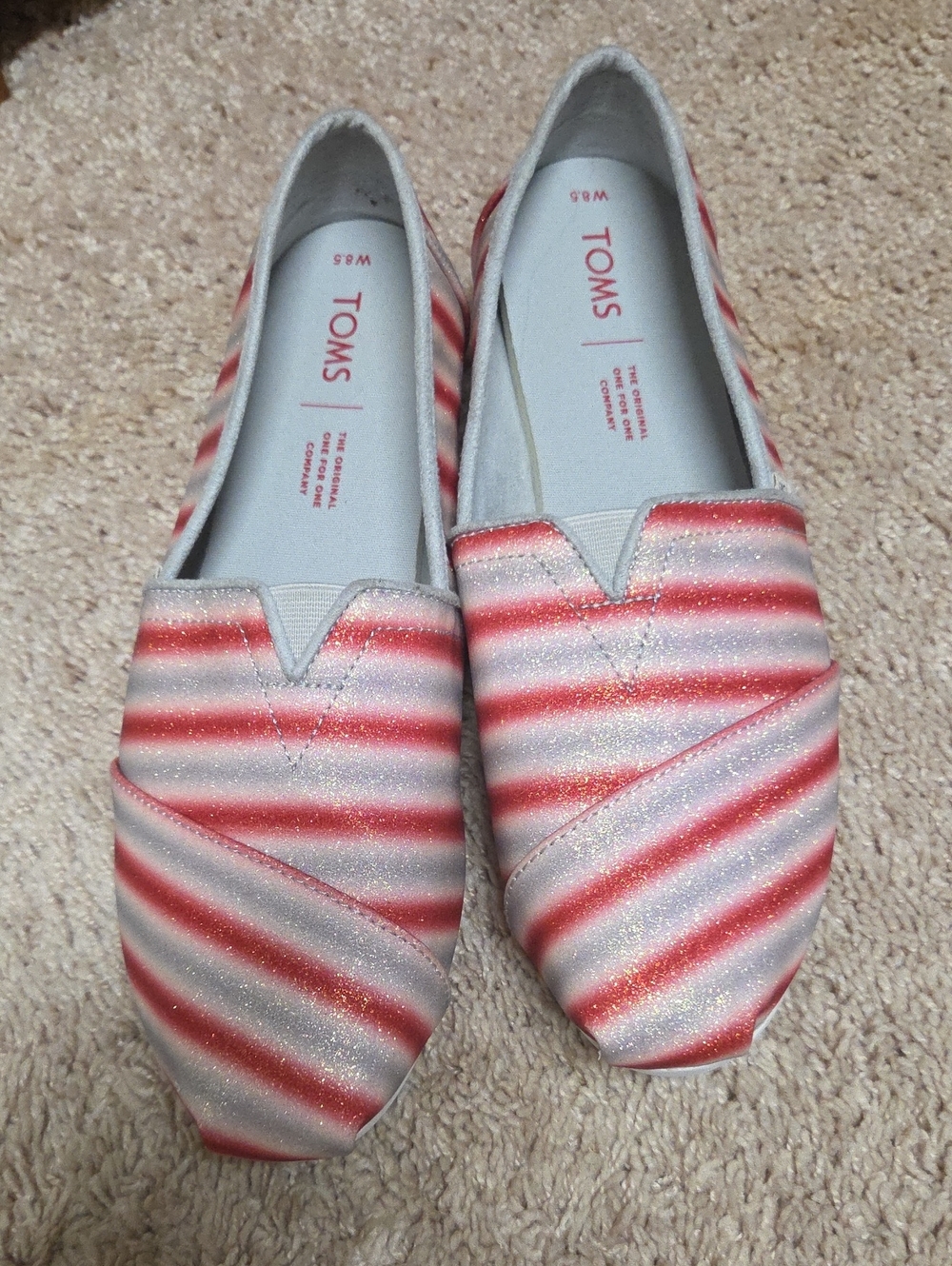 TOMS Women's Red and White Diagonal Striped Slip-On Flats